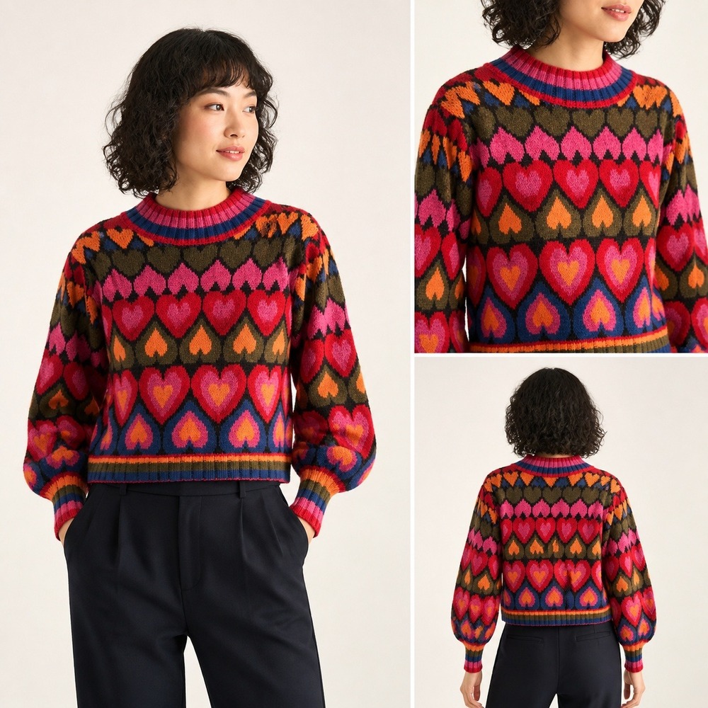 Farm Rio Anthropologie Full of Hearts Sweater S Mock Neck Puff Sleeve Wool Blend